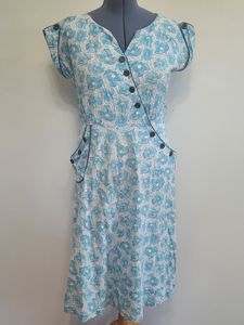Blue Flower Print Dress Asymmetrical Button Design(B-41' W-36' H-43')