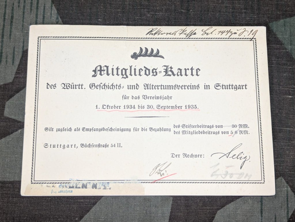 1934-35 Mitglieds-Karte Membership Card History and Antiquities Association