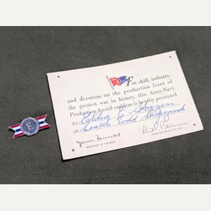 Army Navy 'E' Production Award Pin and Card Sterling