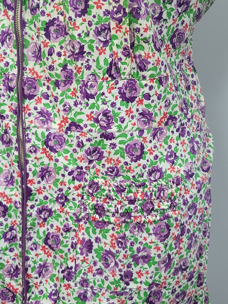 Purple Flower Print Zipper Front House Dress(B-50' W-44' H-52') — image 10