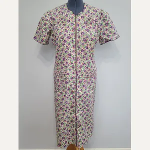 Purple Flower Print Zipper Front House Dress(B-50' W-44' H-52')