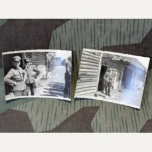 2 Photos of German Officers by Log Houses