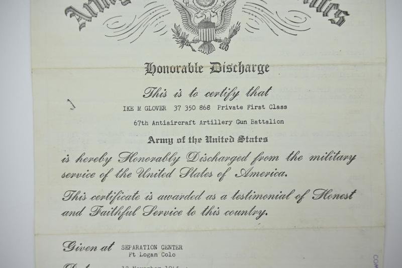 US WW2 HD papers Ike M Glover '67th AAA Gun Battalion' — image 2