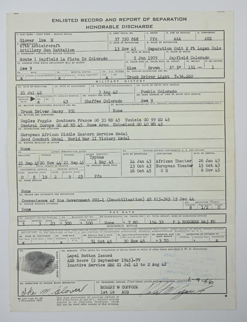 US WW2 HD papers Ike M Glover '67th AAA Gun Battalion' — image 4
