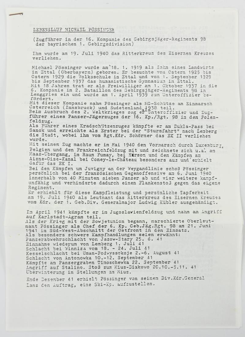 Signature of Wehrmacht Heer KC&OLC Recipient 'Michael Pössinger' — image 4