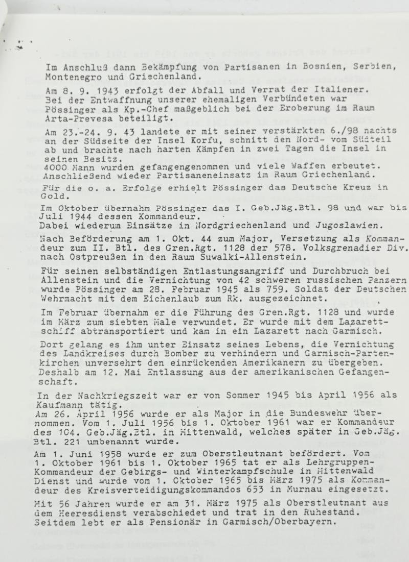 Signature of Wehrmacht Heer KC&OLC Recipient 'Michael Pössinger' — image 6