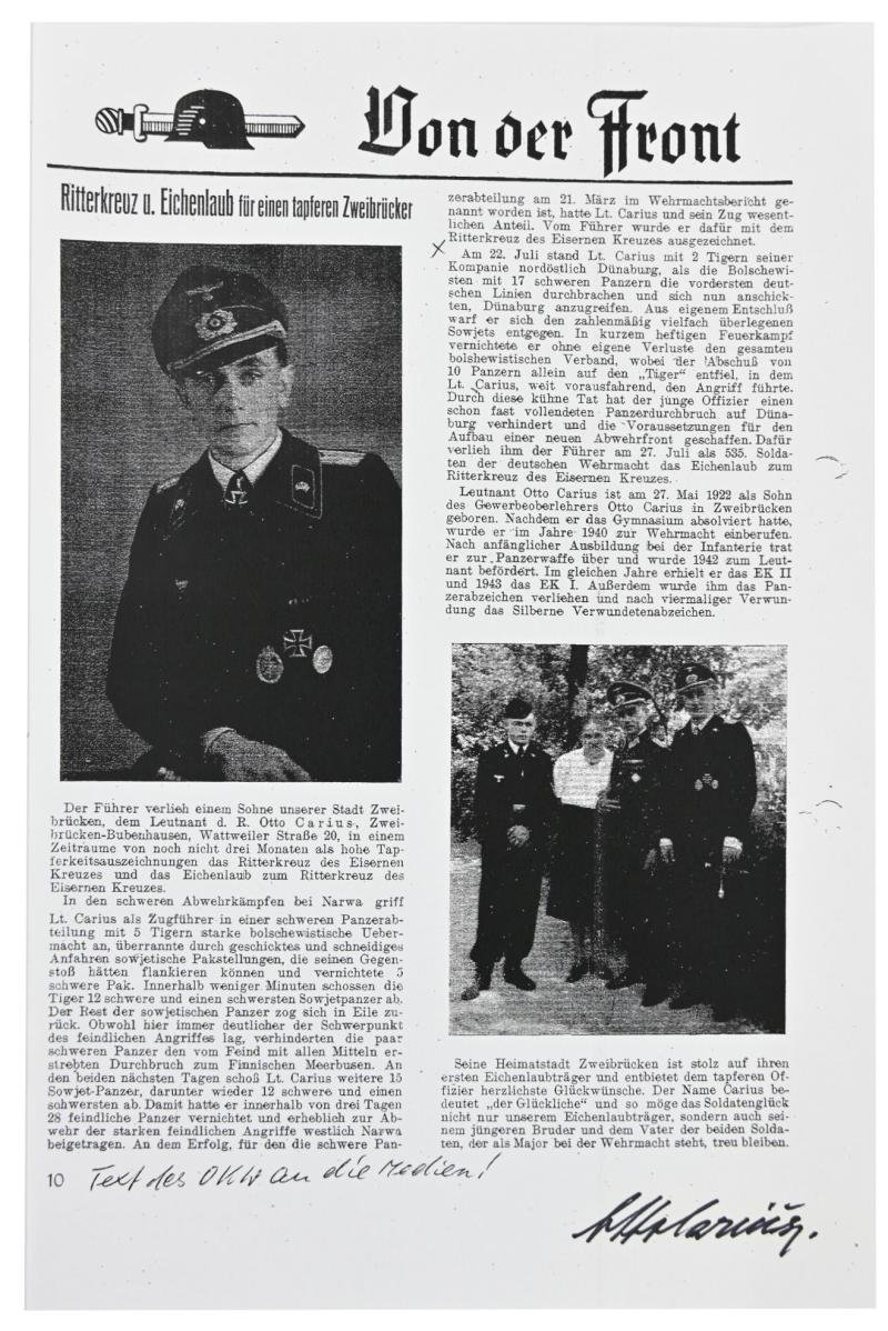 Signature of WH KC-OLC Recipient 'Otto Carius' — image 2