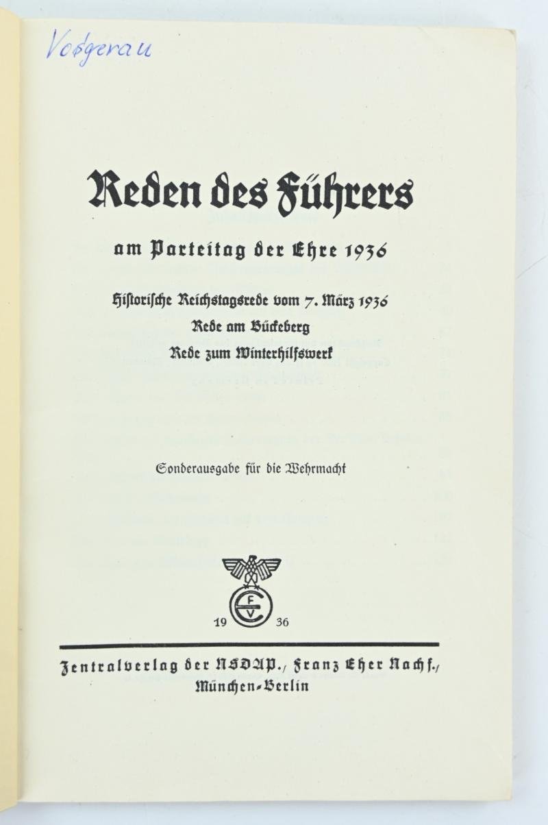 German WH Booklet 'Speech Adolf Hitler' 1936 — image 2