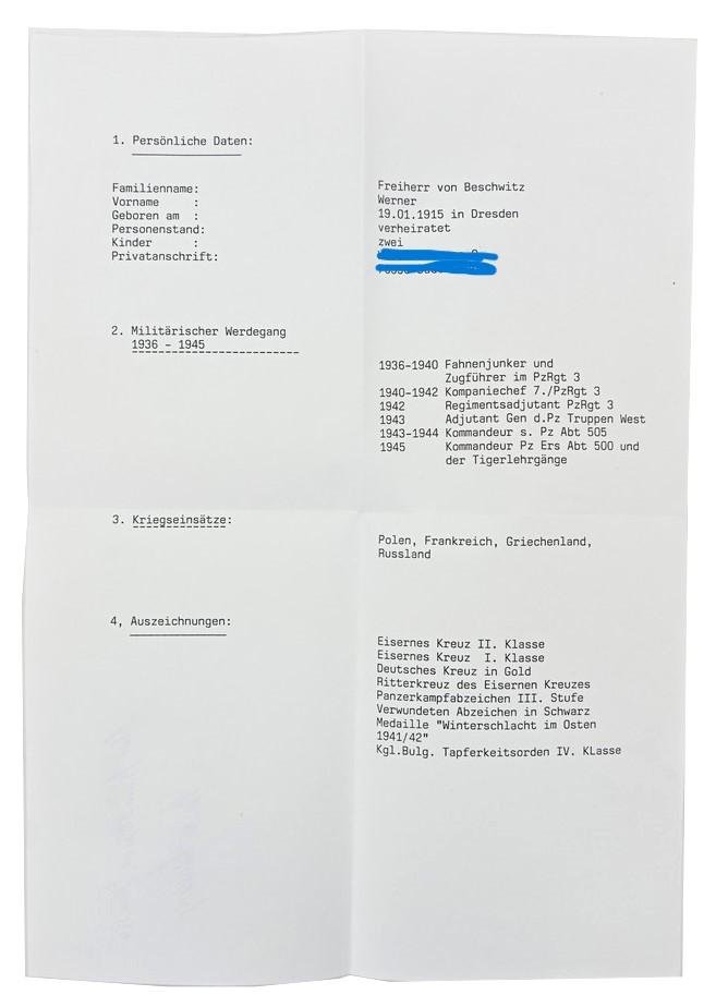 Signature of Wehrmacht (Heer) KC Recipient 'Werner Freiherr von Beschwitz' — image 2