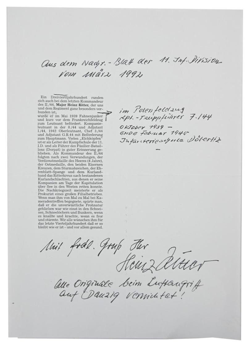 Signature of Wehrmacht (Heer) KC Recipient 'Heinz Ritter' — image 6