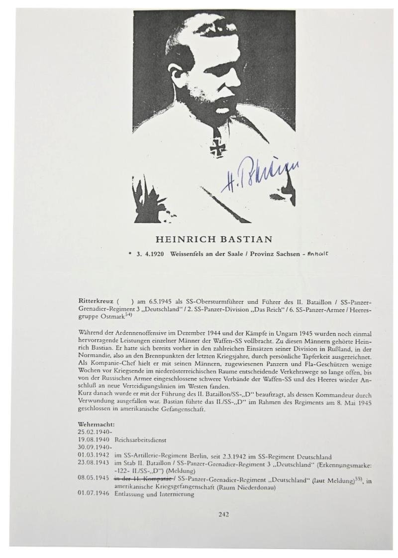 Signature of Waffen-SS KC Recipient 'Heinrich Bastian' — image 5
