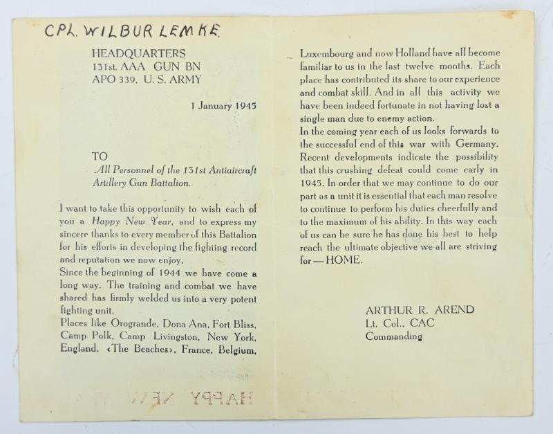 US WW2 Happy New Year Leaflet '131st AAA' — image 2