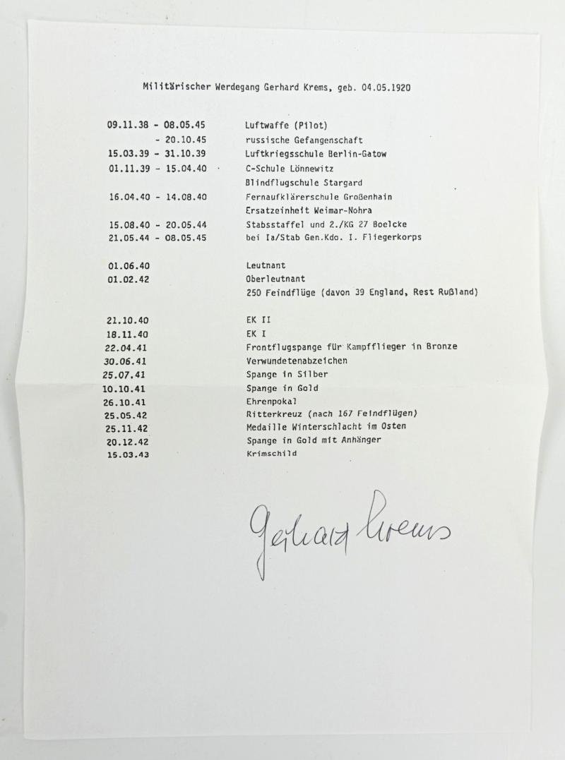 Signature of Luftwaffe KC Recipient 'Gerhard Krems' — image 2