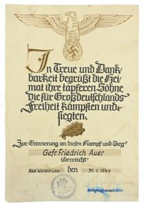 German WH Death Certificate 'Gefr. Friedrich Auer'
