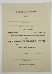 German WH Un-issued Wounded Badge Award Document