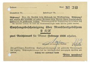 German Third Reich Period Certificate of receipt for broadcasting fee