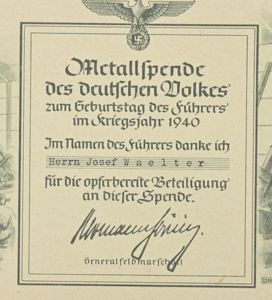 German Third Reich Metall Collection Certificate