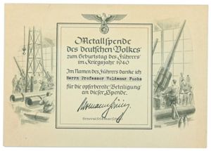 German Third Reich Metall Collection Certificate