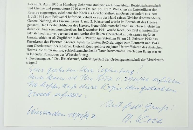 Signature of Wehrmacht Heer KC Recipient 'Dietrich Koch' — image 3