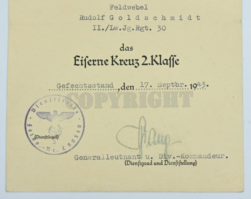 German LW Fielddivision Certificate Iron Cross 2nd Class 'Rudolf Goldschmidt' — image 3