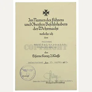 German LW Fielddivision Certificate Iron Cross 2nd Class 'Rudolf Goldschmidt'