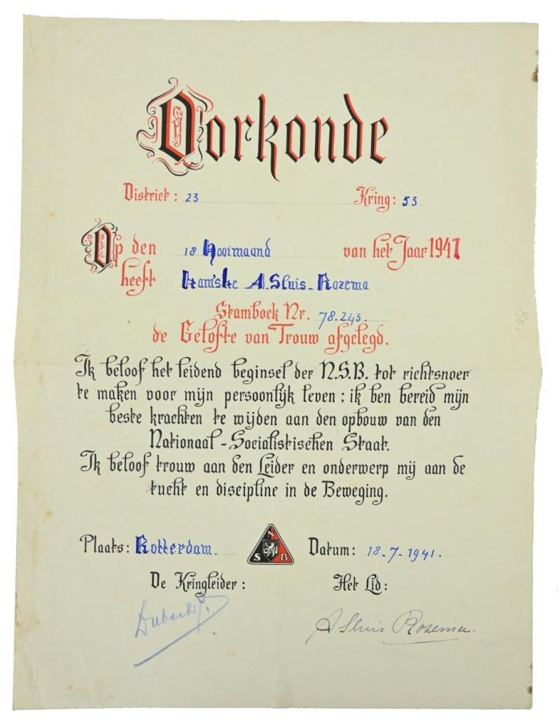 Dutch NSB Certificate 'Oorkonde Gelofte van Trouw'