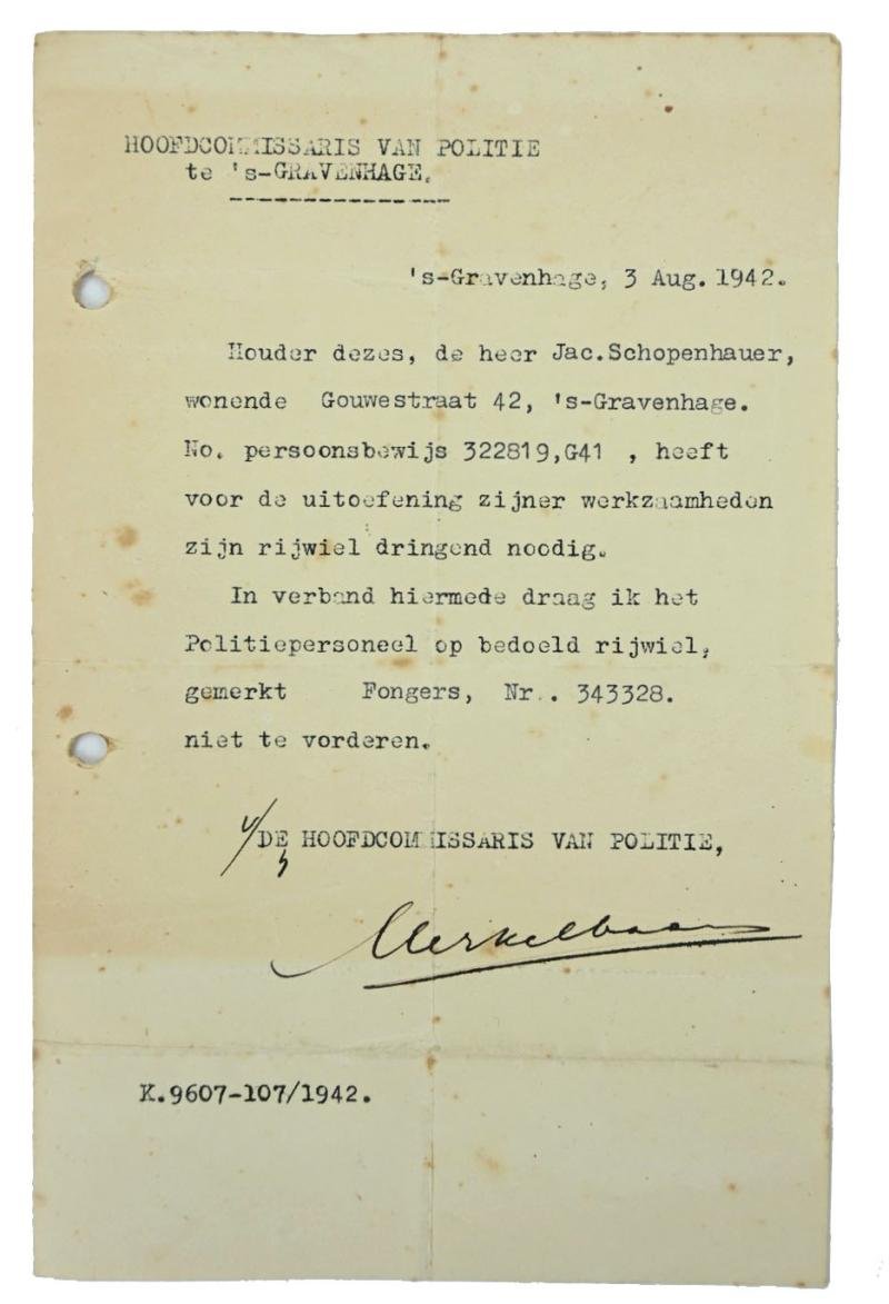 Dutch WW2 Permition Paper for Bike use