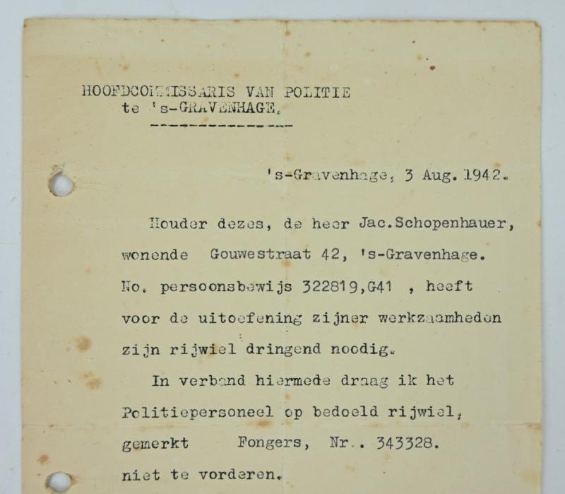 Dutch WW2 Permition Paper for Bike use — image 2
