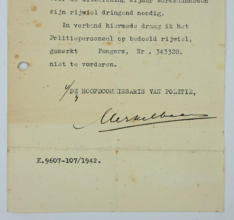 Dutch WW2 Permition Paper for Bike use — image 3