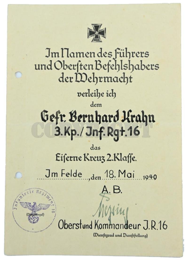 German WH Fallschirmjager Document Grouping 'Bernard Krahn' Inf.Rgt. 16 Holland — image 3