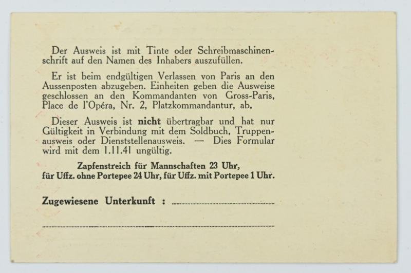 German Permit for Paris 1941 — image 2