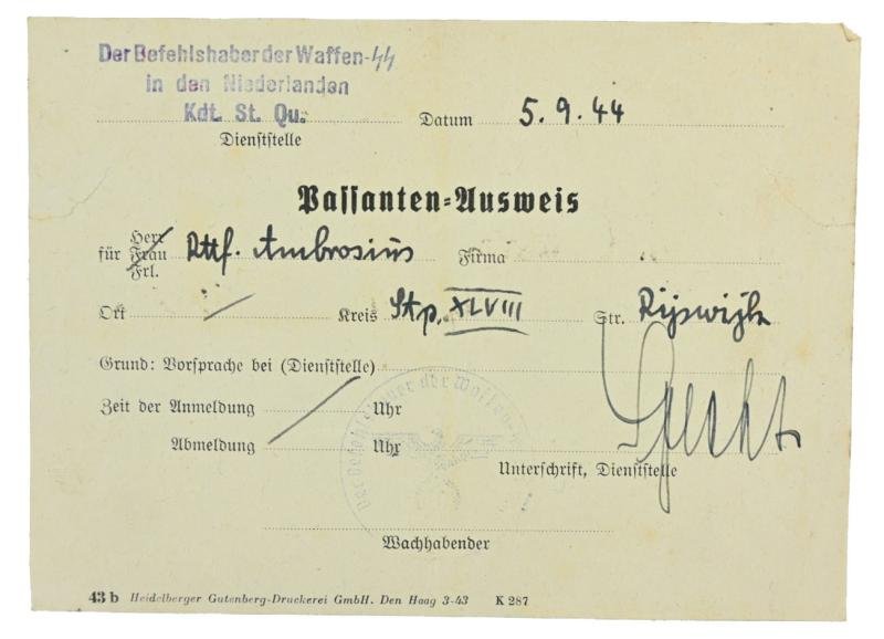 Dutch Waffen-SS Headquarters Visitors ID Card