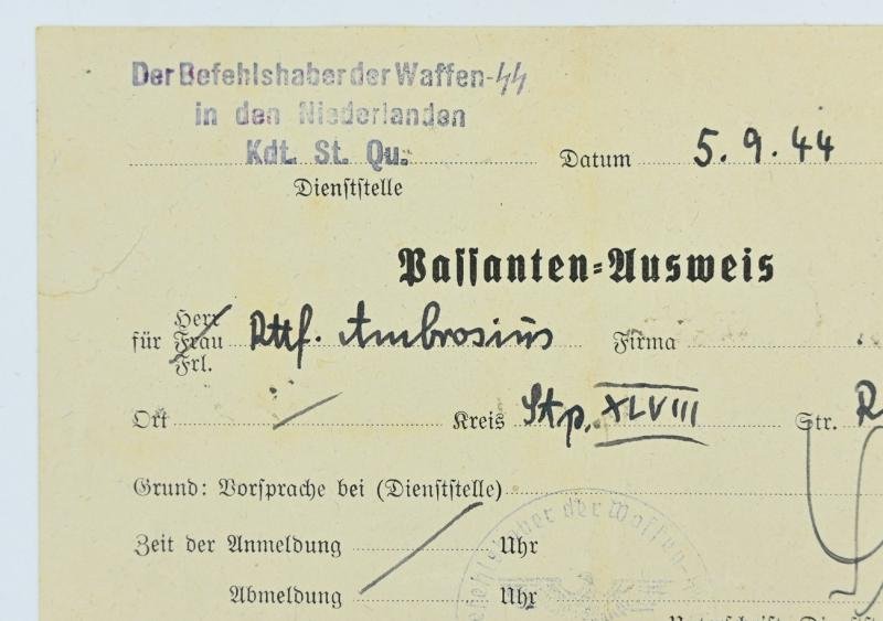 Dutch Waffen-SS Headquarters Visitors ID Card — image 2