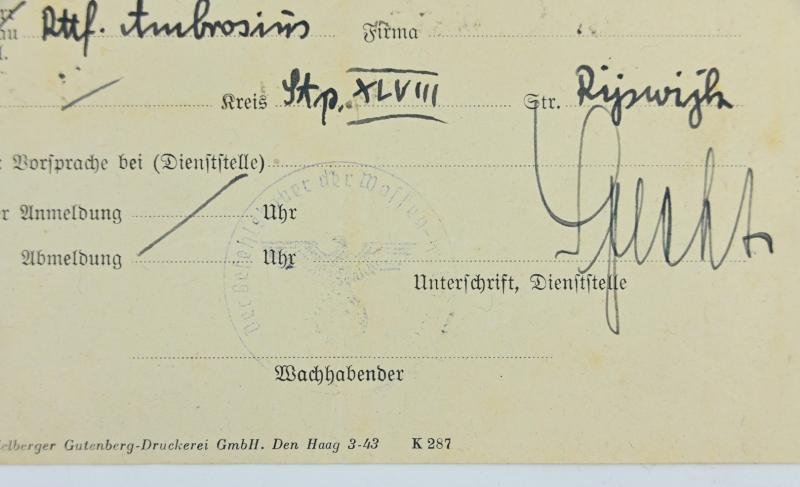 Dutch Waffen-SS Headquarters Visitors ID Card — image 3