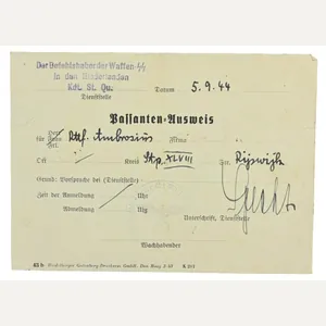 Dutch Waffen-SS Headquarters Visitors ID Card