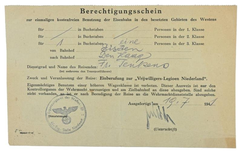 Dutch Waffen-SS Travelcard 'Vrijwilligerslegioen Nederland'