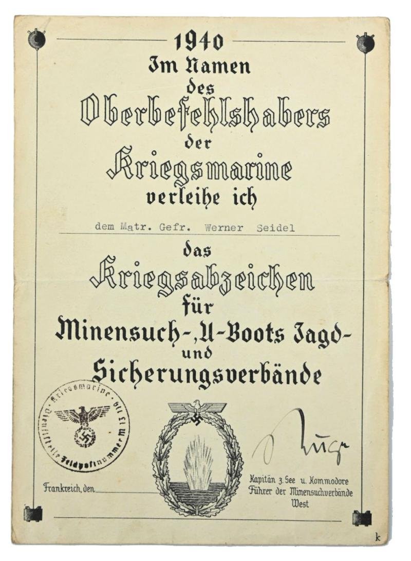 German KM Mine Sweep Certificate 1940