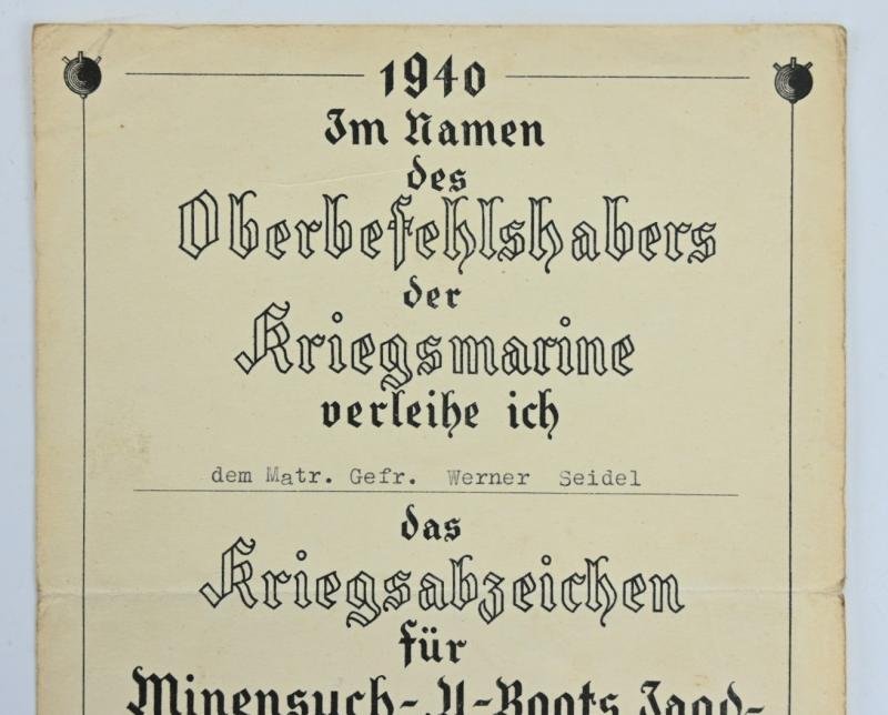 German KM Mine Sweep Certificate 1940 — image 2