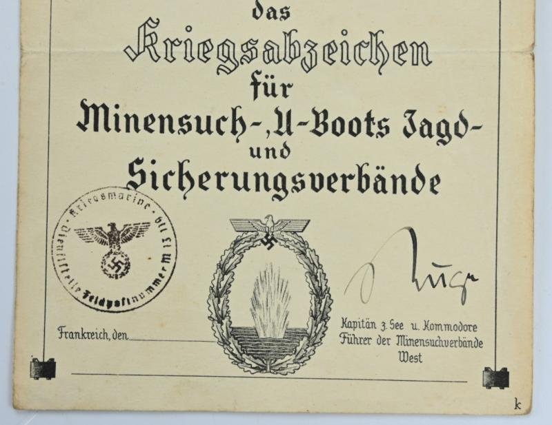 German KM Mine Sweep Certificate 1940 — image 3
