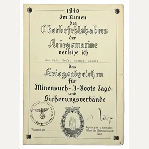 German KM Mine Sweep Certificate 1940