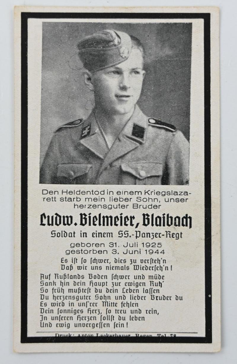 German Waffen-SS Panzer Regiment Death Card — image 2
