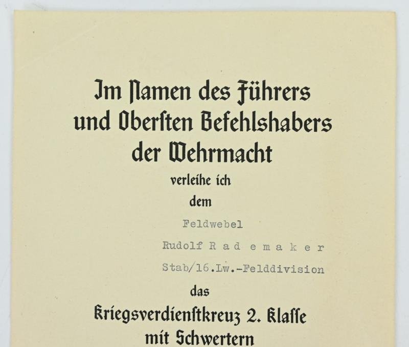 German LW Certificate War Merit Cross with Swords signed by General der Flieger 'Egon Doerstling' — image 2