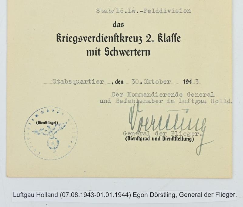 German LW Certificate War Merit Cross with Swords signed by General der Flieger 'Egon Doerstling' — image 3