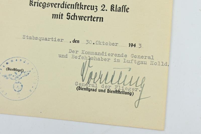 German LW Certificate War Merit Cross with Swords signed by General der Flieger 'Egon Doerstling' — image 4