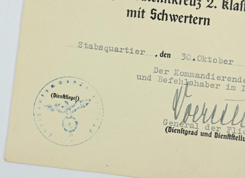 German LW Certificate War Merit Cross with Swords signed by General der Flieger 'Egon Doerstling' — image 5