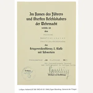 German LW Certificate War Merit Cross with Swords signed by …