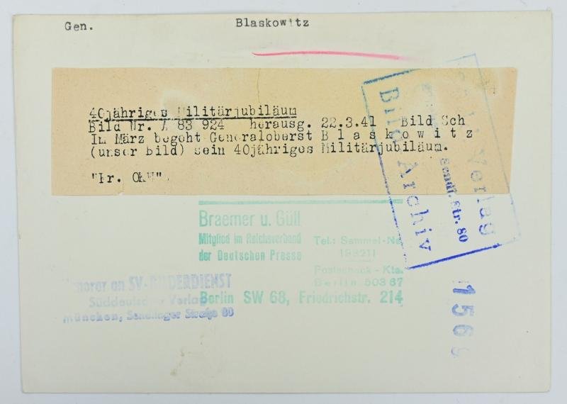German WH Portrait Picture/ Press Photo 'Generaloberst Blaskowitz' — image 3