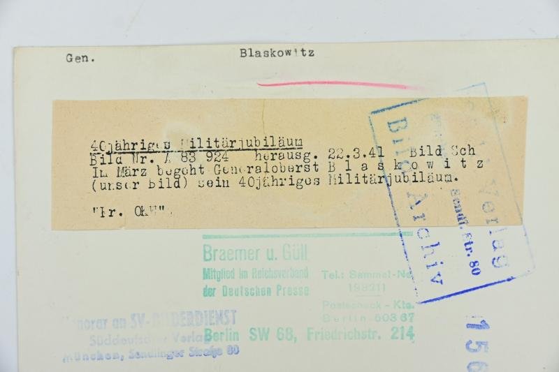German WH Portrait Picture/ Press Photo 'Generaloberst Blaskowitz' — image 5