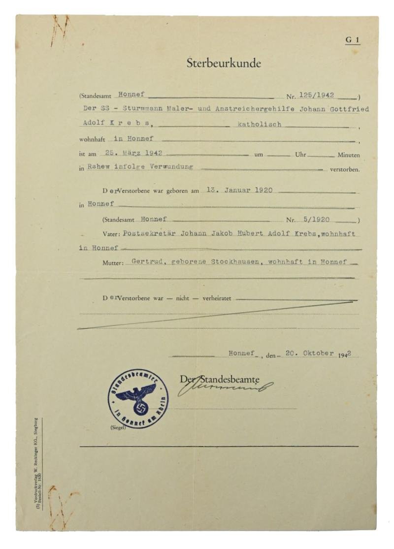 German Death Certificate 'SS Sturmann Krebs'