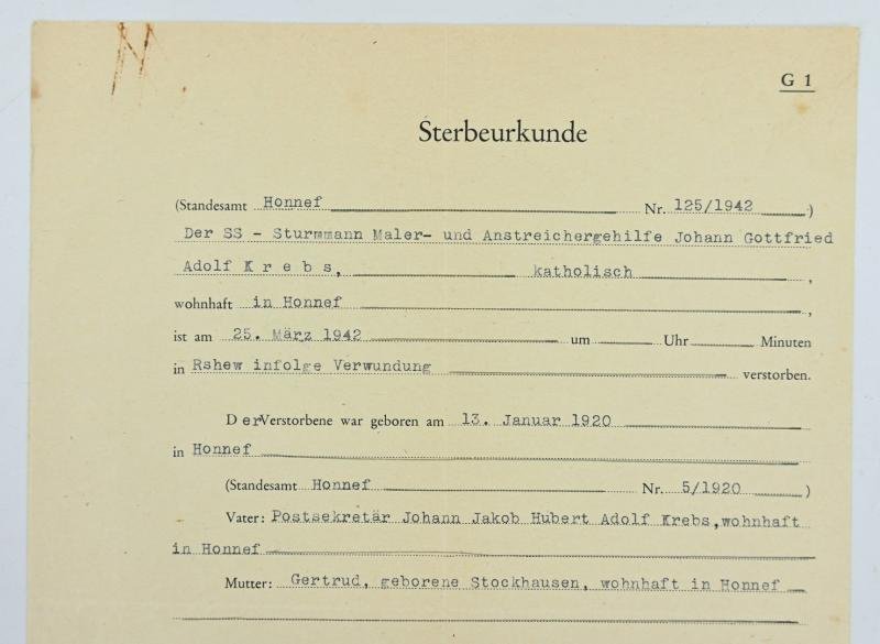 German Death Certificate 'SS Sturmann Krebs' — image 2